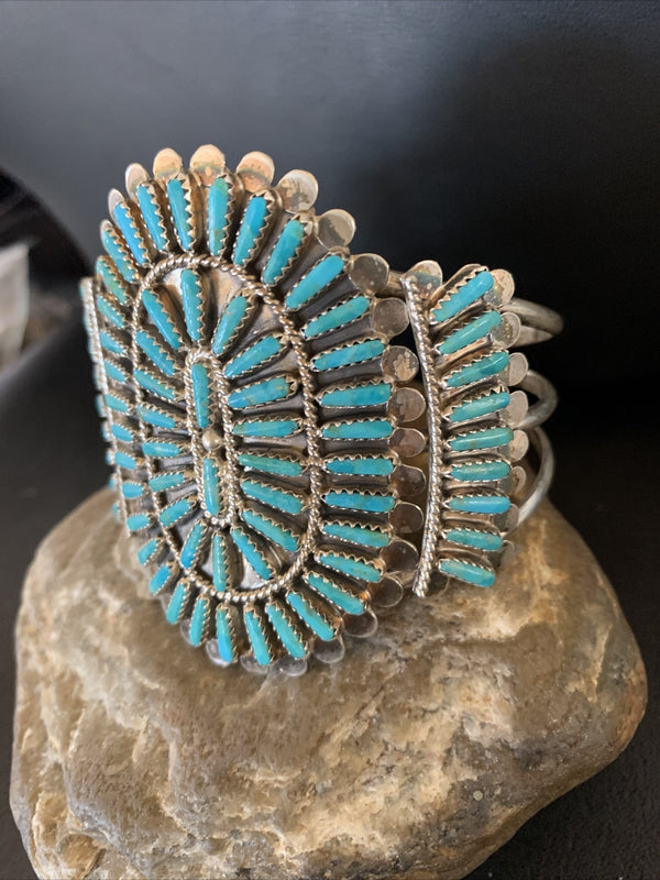 Blue Turquoise Zuni Cluster Cuff Bracelet | Sterling Silver | Authentic Native American Handmade | 12333