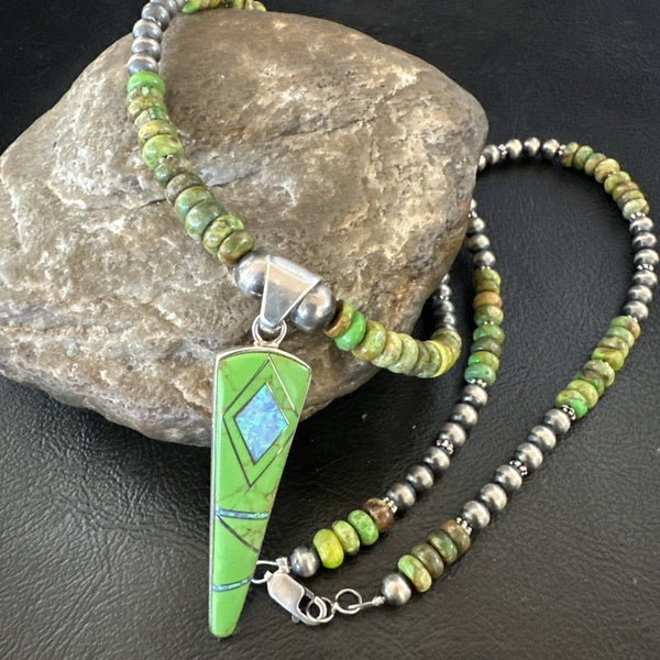 Women's Green Gaspeite Turquoise Opal Pendant Necklace | Sterling Silver | Authentic Native American Handmade | 19547