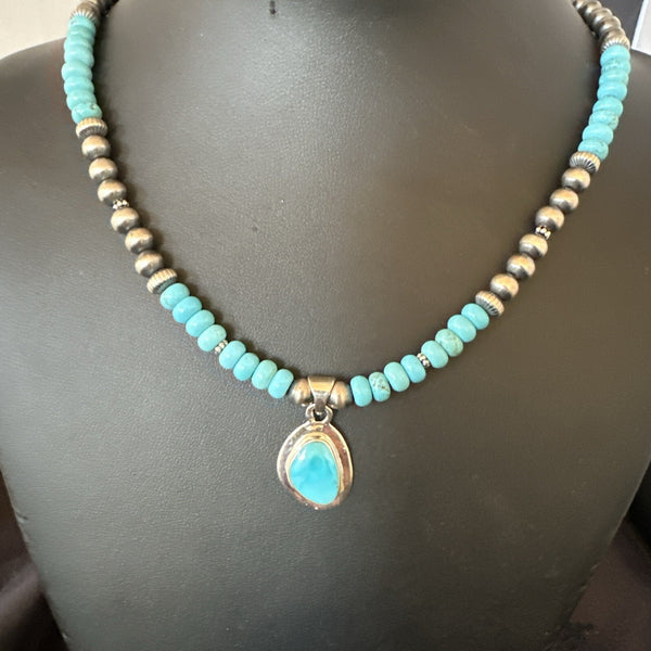 Women's Blue Kingman Turquoise Pendant Navajo Necklace 21" | Sterling Silver | Authentic Native American Handmade | 18415