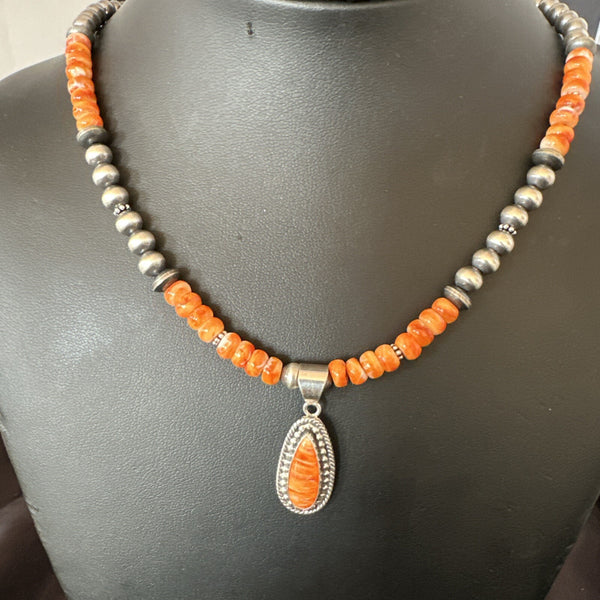 Orange Spiny Oyster Navajo Pearls Necklace Pendant | Sterling Silver | Authentic Native American Handmade | 18678