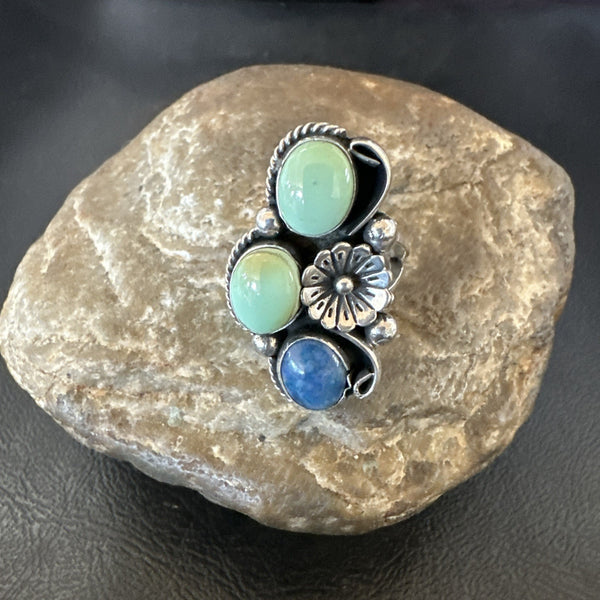 Yazzie Ring Green Turquoise Lapis Navajo Cluster Size 8 | Sterling Silver | Authentic Native American Handmade | 19224