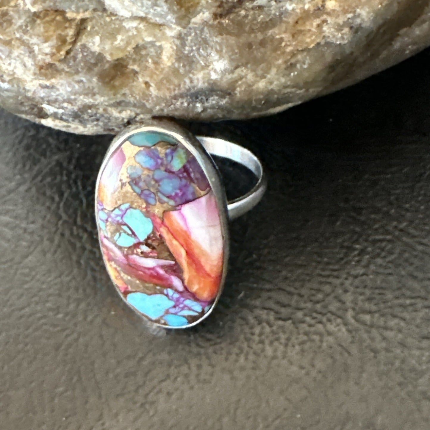 Blue Turquoise Spiny Oyster Southwestern Sterling Silver Ring Size 8 18428