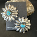 Navajo Blue Turquoise Stamped Flower Earrings | Sterling Silver | Authentic Native American Handmade | 19083