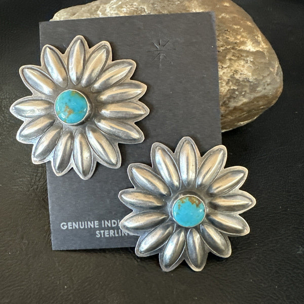 Navajo Blue Turquoise Stamped Flower Earrings | Sterling Silver | Authentic Native American Handmade | 19083
