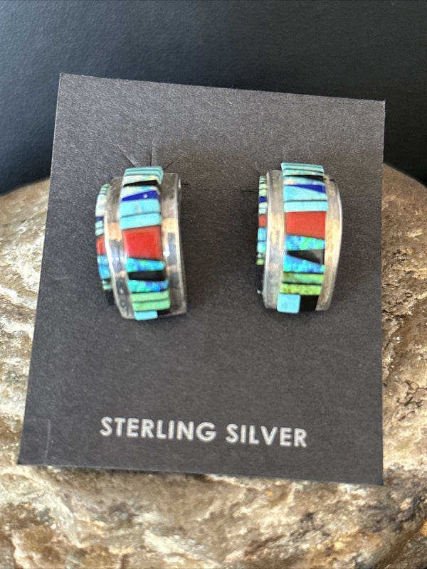 Blue Turquoise Spiny Oyster Navajo Inlay Earrings 1" | Sterling Silver | Authentic Native American Handmade | 14765