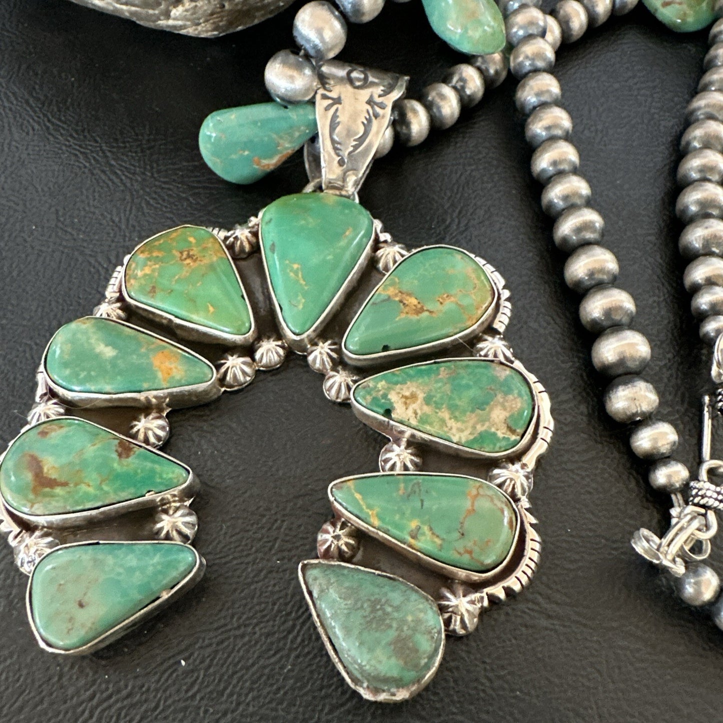 Mens Green Turquoise Naja Pendant Navajo Sterling Silver Necklace 28" 17380