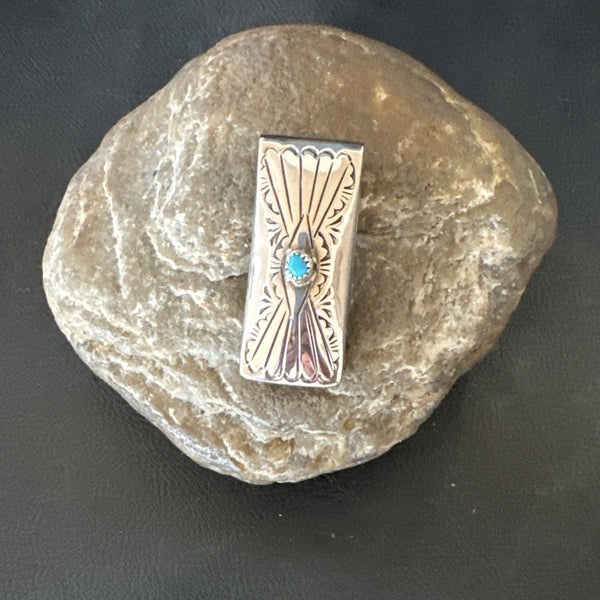 Men's Blue Turquoise Navajo Credit Car Golden Stamped Silver Money Clip | Authentic Native American Handmade | 19734