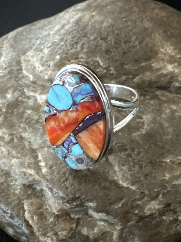 Blue Turquoise Spiny Oyster Southwestern Ring Size 8 | Sterling Silver | Authentic Native American Handmade | 18436