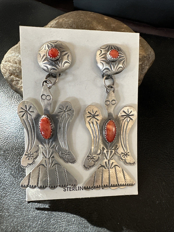 Thunderbird Navajo Womens Stamped Spiny Dangle Earrings Sterling Silver 19787