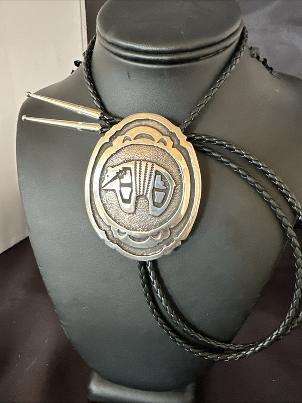 XL Men's Stamped Cutout Bear Navajo Bolo Tie BK | Sterling Silver | Authentic Native American Handmade | 19120