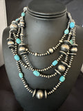 Navajo Beads Blue Turquoise 72"Necklace | Sterling Silver | Authentic Native American Handmade | 19117