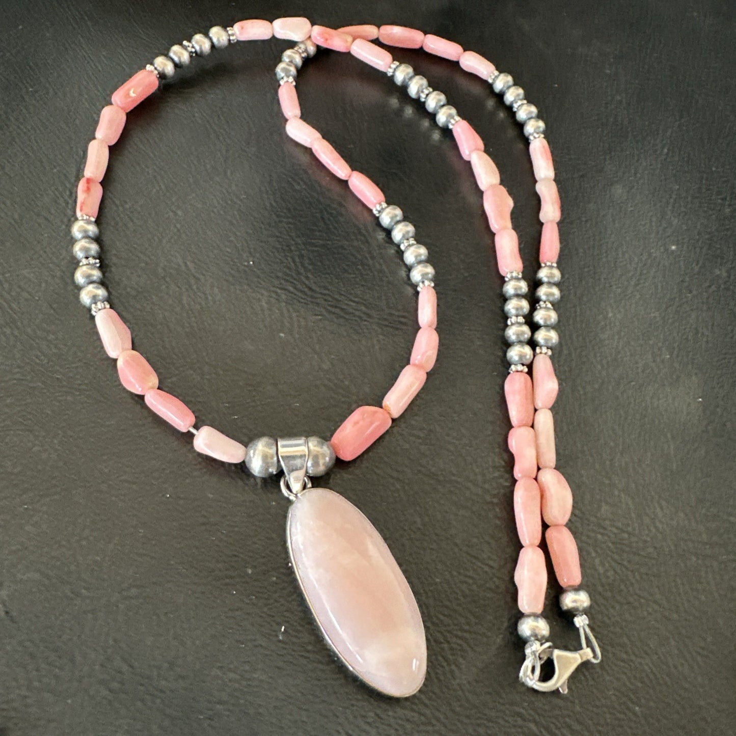 Southwestern Sterling Silver Pink Coral Bead Necklace Quartz Pendant 24" 19585