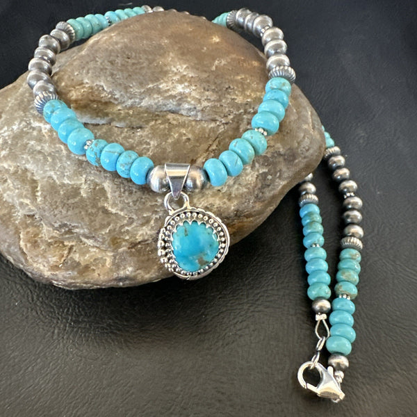 Women's Blue Kingman Turquoise Pendant Navajo Necklace 21" | Sterling Silver | Authentic Native American Handmade | 17930
