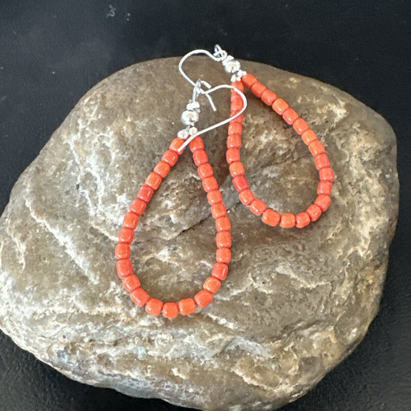 Red Coral Southwestern Earrings 2" | Sterling Silver | Authentic Native American Handmade | 18837