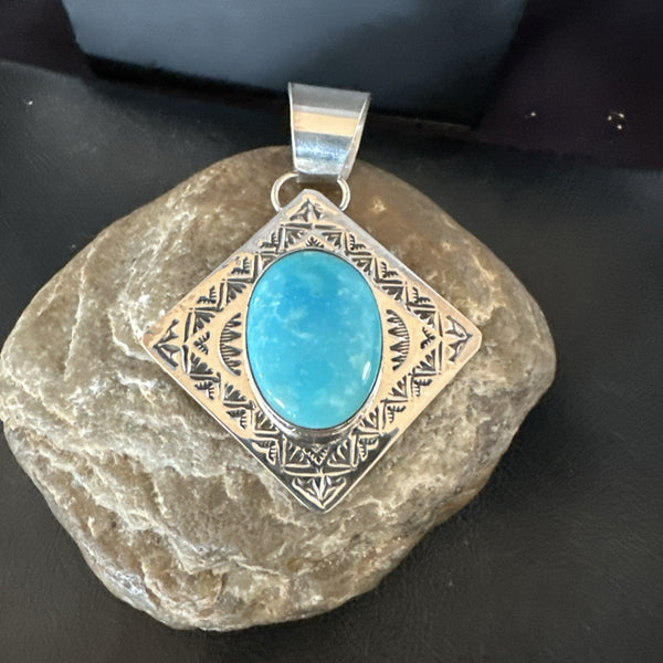 Men Women Blue Kingman Turquoise Pendant Navajo H Joe | Sterling Silver | Authentic Native American Handmade | 19518