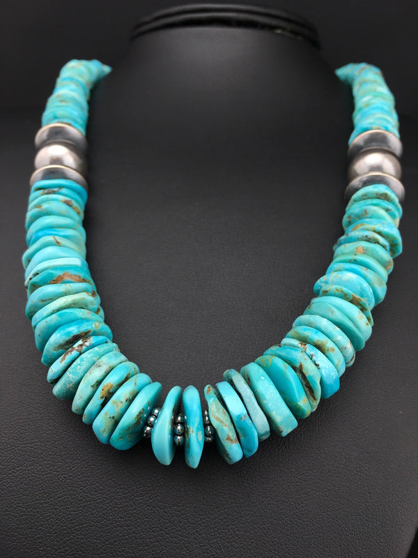Blue Graduated Turquoise Navajo Necklace 20" | Sterling Silver | Authentic Native American Handmade | 04809
