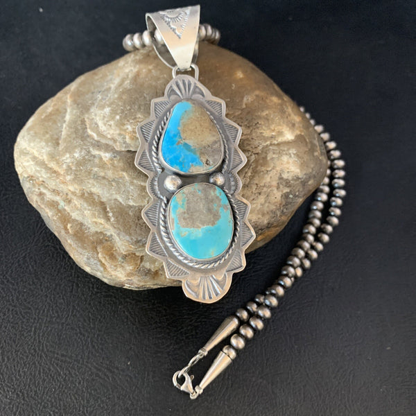 Men's Blue Kingman Turquoise 3"Pendant Necklace 20"13997N | Sterling Silver | Authentic Native American Handmade