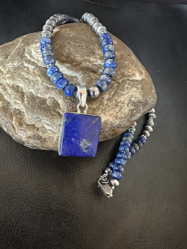 Men's Women's Blue Lapis Navajo Cluster Pendant Necklace 21" | Sterling Silver | Authentic Native American Handmade | 18341