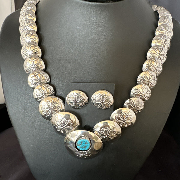 Navajo Turquoise Pillow Stamped Bead Necklace | Sterling Silver | Authentic Native American Handmade | 15132