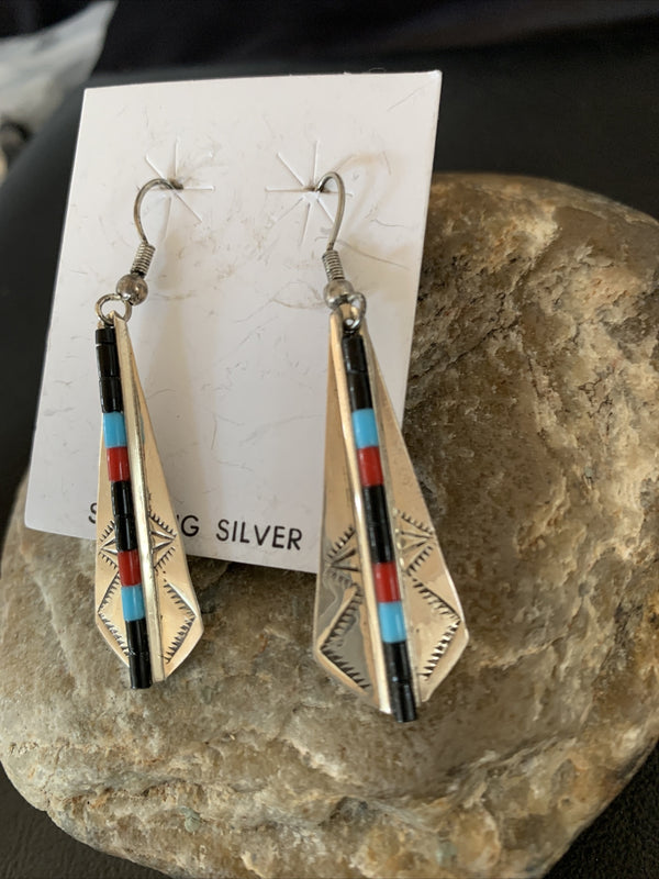 Turquoise Coral Inlay Navajo Earrings 1.5" | Sterling Silver | Authentic Native American Handmade | 01710