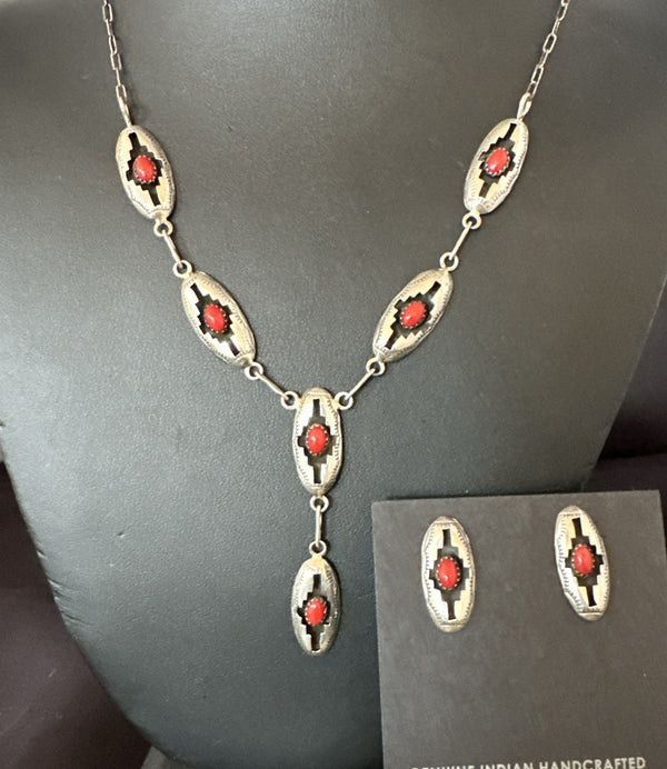Old Navajo Red Coral Shadowbox Necklace Earrings 18" | Sterling Silver | Authentic Native American Handmade | 19102