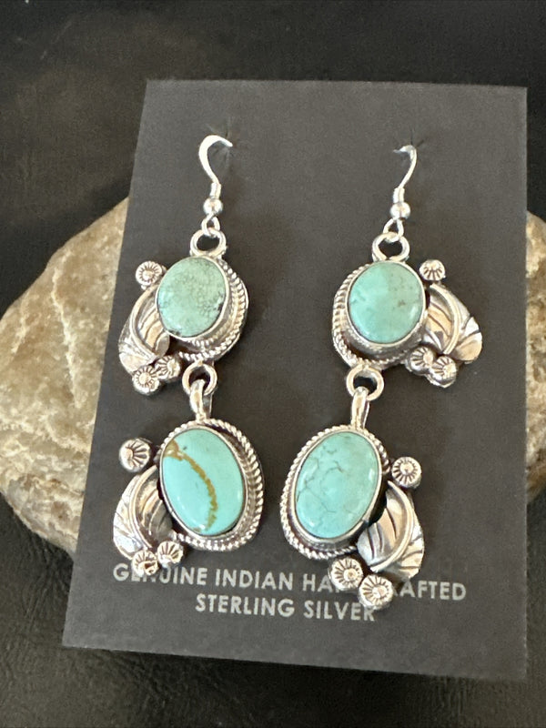 Navajo Blue Dry Creek Turquoise Dangle Earrings 2" | Sterling Silver | Authentic Native American Handmade | 17920