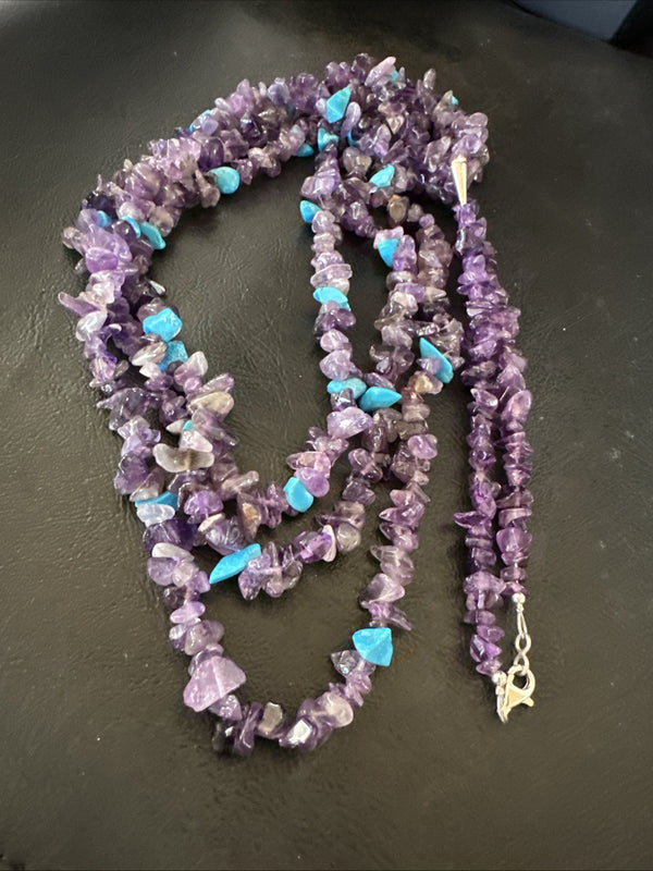 NAVAJO Purple Amethyst Blue Turquoise 3S Silver Necklace 30" | Sterling Silver | Authentic Native American Handmade | 19569
