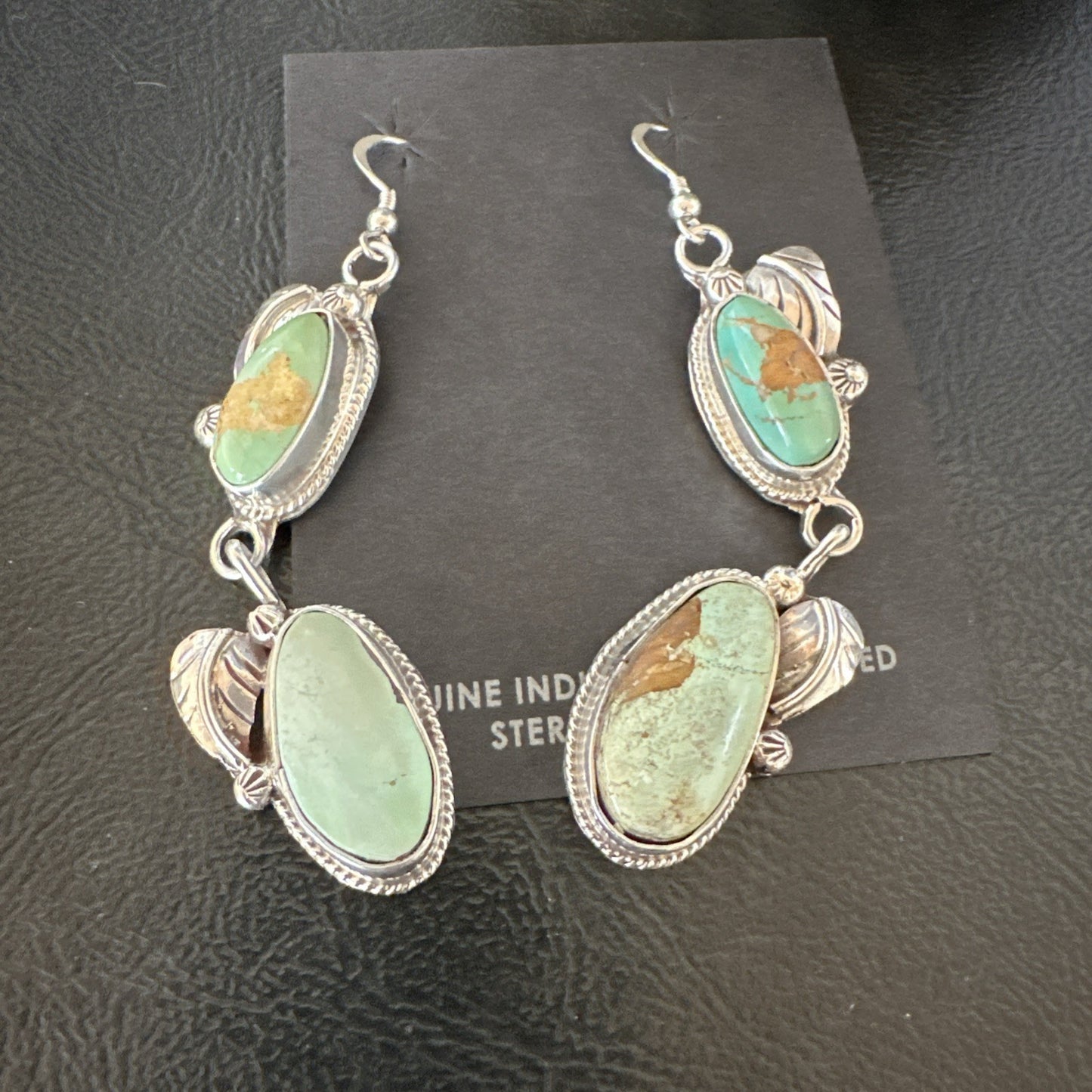 Green Royston Turquoise Navajo Sterling Silver Dangle Earrings 19603