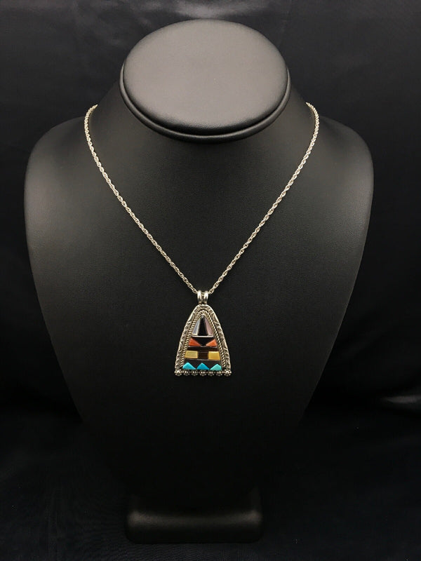Turquoise Multi-Color Pendant Navajo Necklace | Sterling Silver | Authentic Native American Handmade | 4093