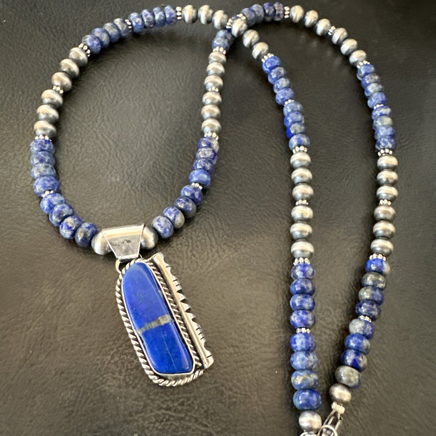 Blue~Lapis~Pendant~Navajo~Pearls~Sterling~Silver~Necklace~ 22”~18742