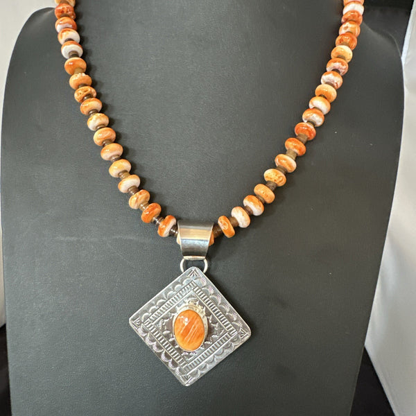 H Joe Orange Spiny Oyster Pendant Navajo Necklace | Sterling Silver | Authentic Native American Handmade | 19481