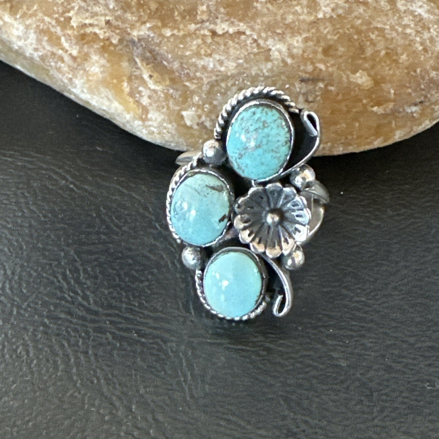 Yazzie Ring Blue Turquoise Navajo Sterling Silver Cluster Size 10 19218