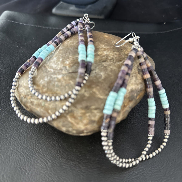 XL Purple Stone Turquoise Heishi Bead Earrings 4" | Sterling Silver | Authentic Native American Handmade | 17837