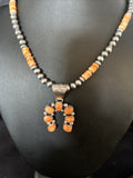 Orange Spiny Oyster Naja Pendant Navajo Pearls Necklace | Sterling Silver | Authentic Native American Handmade | 11346