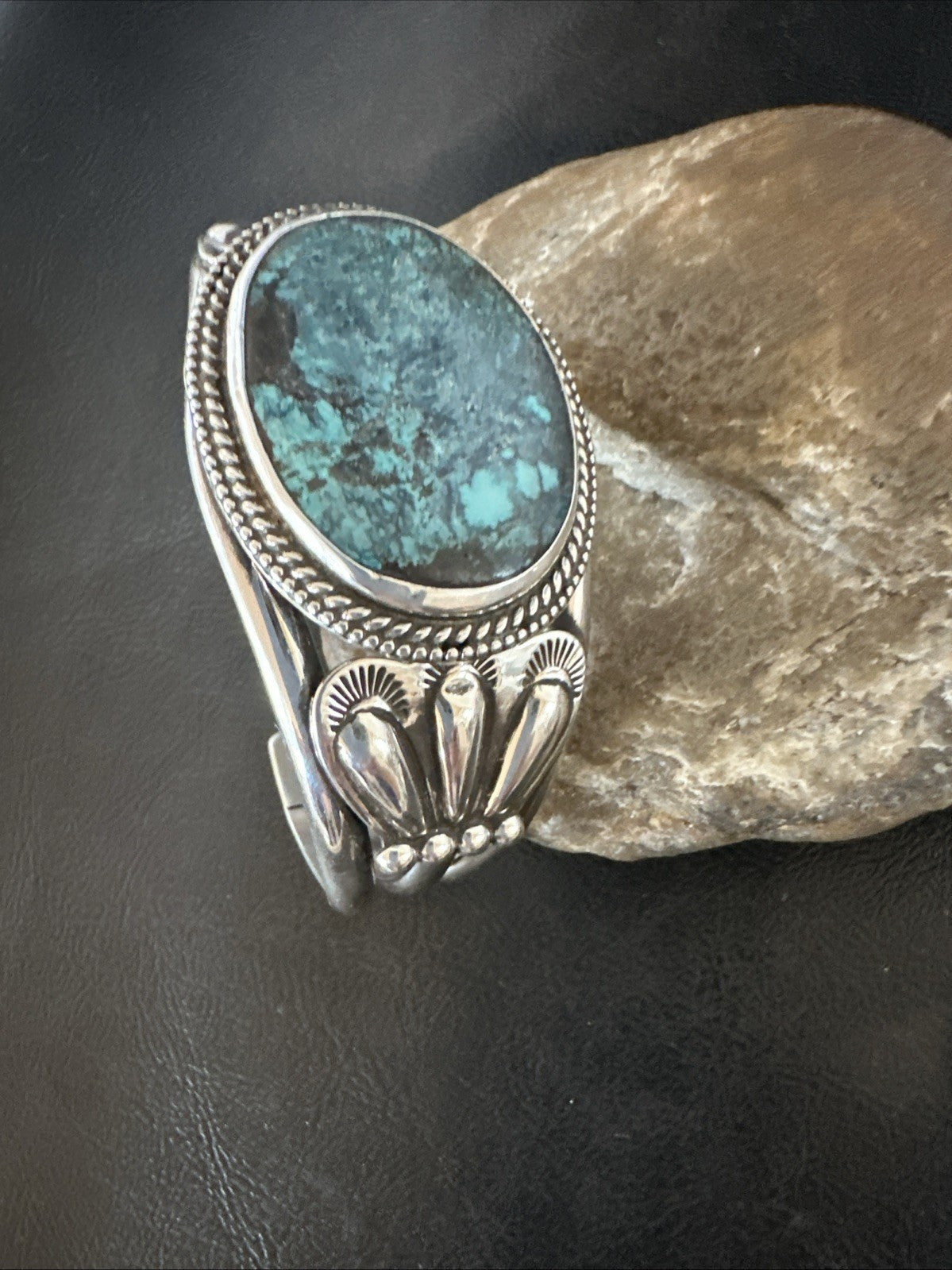 H Joe Blue Spiderweb Turquoise Navajo Sterling Silver Cuff Bracelet 8.2" 19424