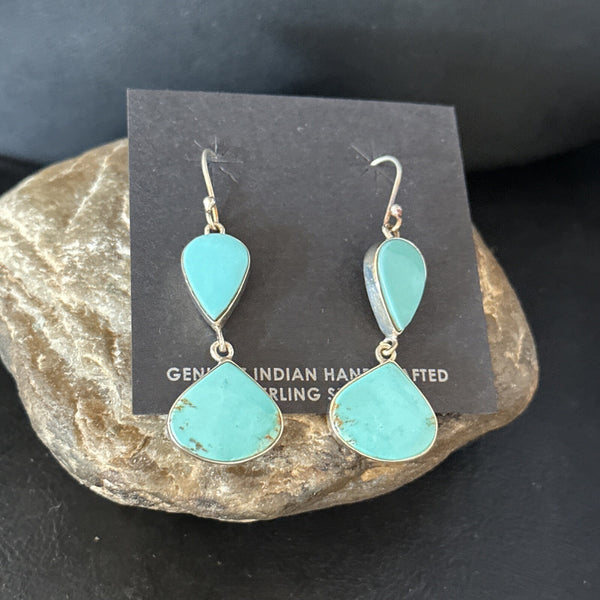 Kingman Turquoise Navajo Dangle Earrings | Sterling Silver | Authentic Native American Handmade | 14581