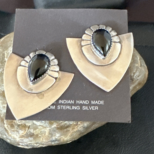 Old Pawn Black Onyx Navajo Earrings | Sterling Silver | Authentic Native American Handmade | 18114