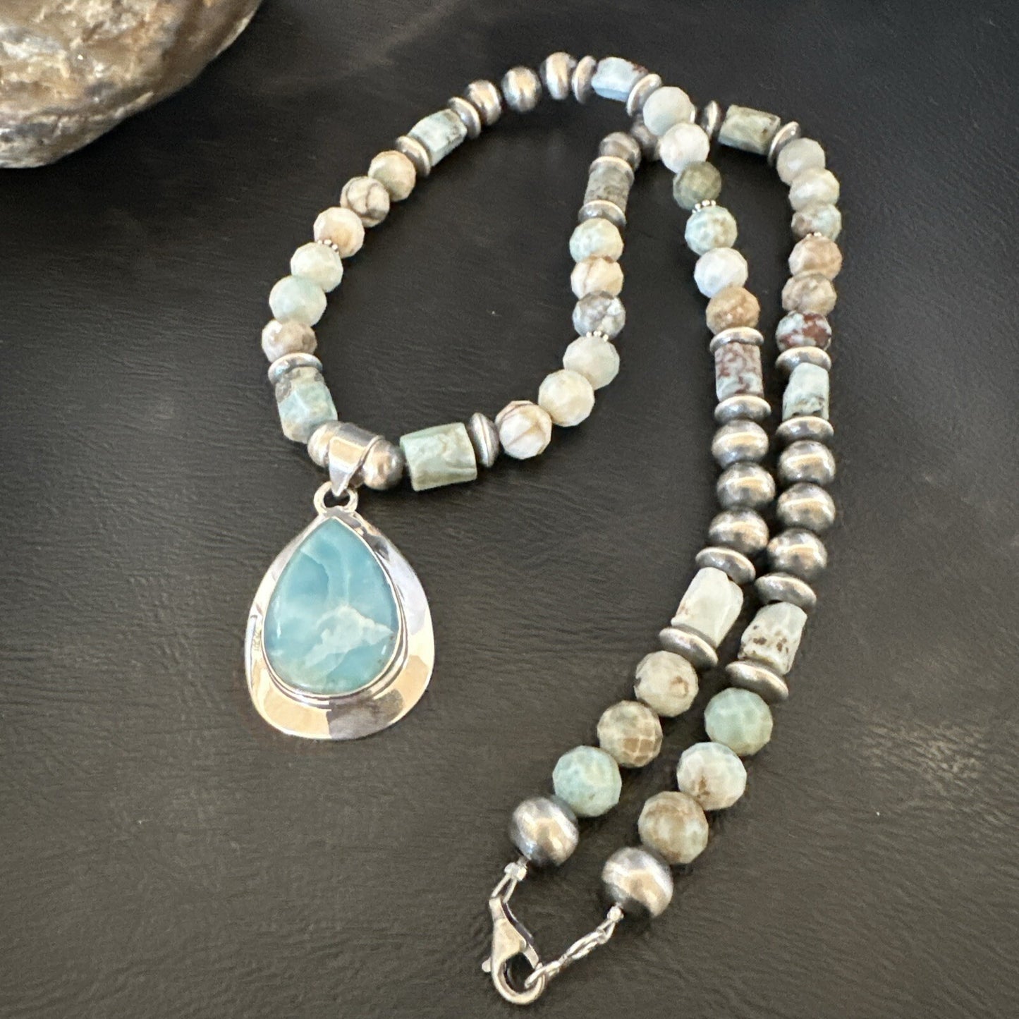 Blue Larimar Pendant Navajo Sterling Silver Natural Necklace 21" 17760