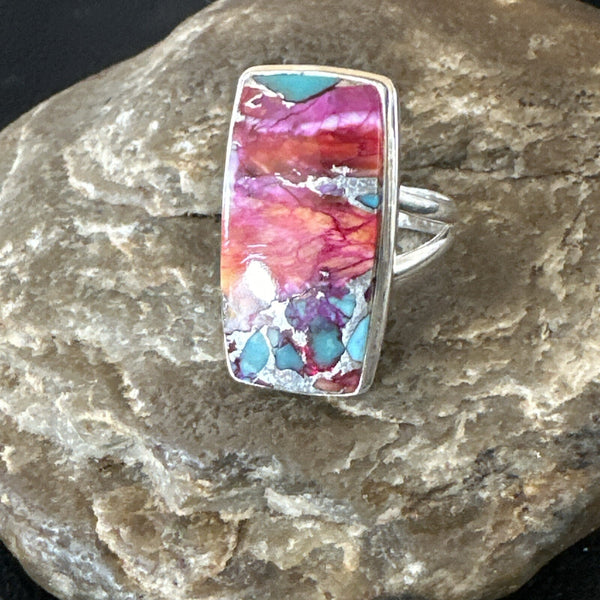 Blue Turquoise Spiny Oyster Navajo Ring Size 9 | Sterling Silver | Authentic Native American Handmade | 18221