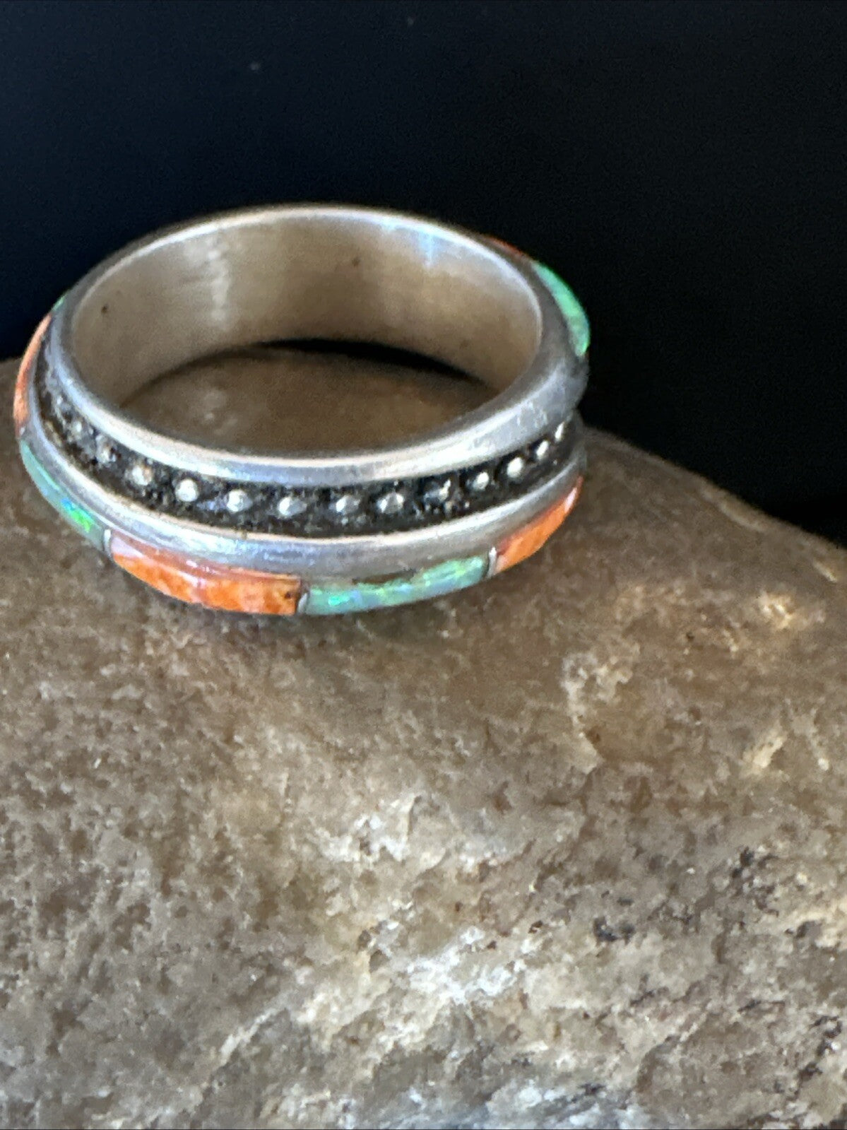 Green Opal Orange Spiny Navajo Sterling Silver Band Inlay Ring Size 9 18811