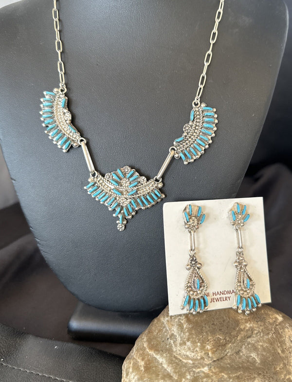 ZUNI Blue Turquoise Beads Needlepoint Necklace Earrings | Sterling Silver | Authentic Native American Handmade | 18595