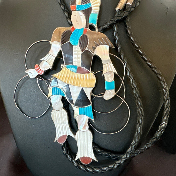 Men Bolo Tie Zuni Hoop Saucer Blue Turquoise Onyx Inlay | Sterling Silver | Authentic Native American Handmade | 18147