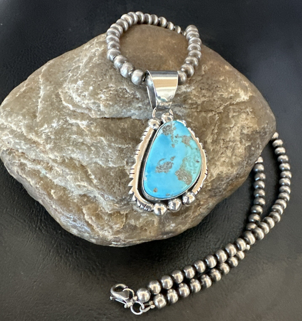 Rustic Blue Kingman Turquoise Pendant Navajo Necklace 20" | Sterling Silver | Authentic Native American Handmade | 18316