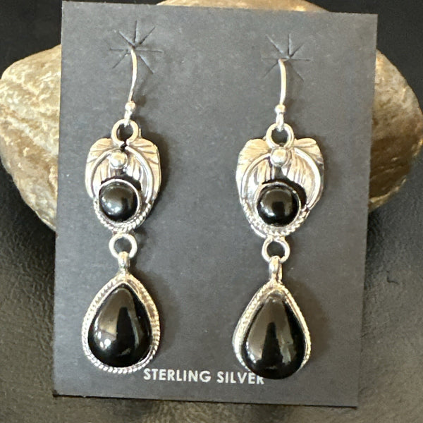 Black Onyx Navajo Dangle Earrings 1.5" | Sterling Silver | Authentic Native American Handmade | 18287