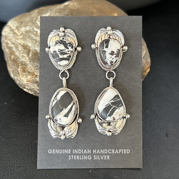 Women Navajo White Buffalo Turquoise Dangle Earrings 2.5"14743N | Sterling Silver | Authentic Native American Handmade