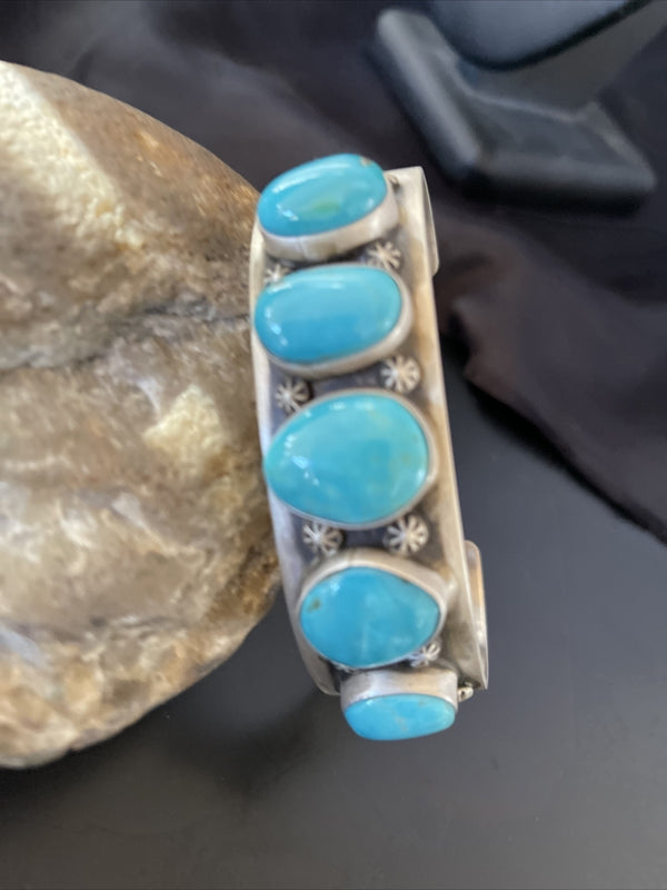 Navajo Blue Kingman Turquoise Cuff Bracelet 5 Stone Joe | Sterling Silver | Authentic Native American Handmade | 02051