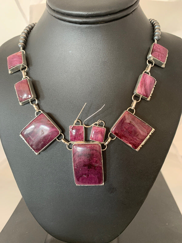 Purple Spiny Oyster Navajo Pearls Lariat Necklace Earrings | Sterling Silver | Authentic Native American Handmade | 04556