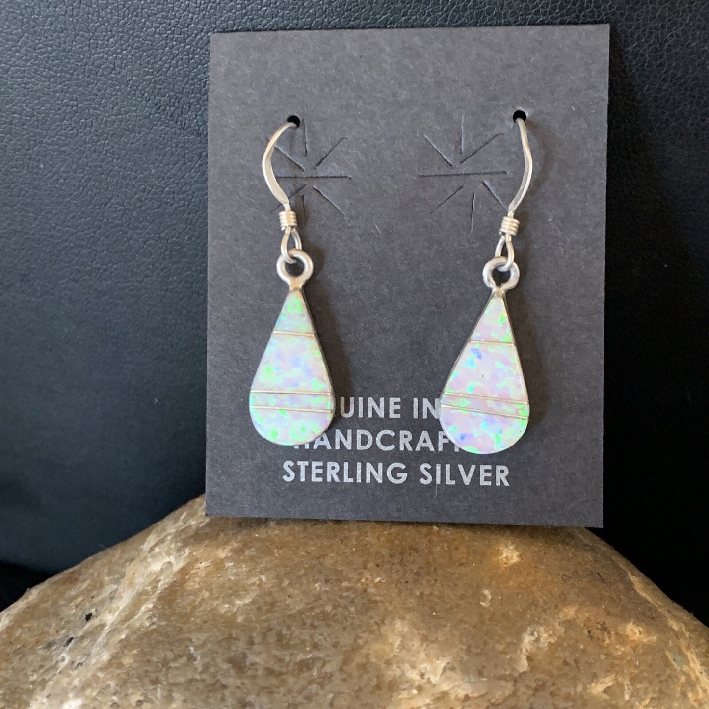Womens White Opal Inlay Navajo Sterling Silver Dangle Post Earrings 0.5" 12770