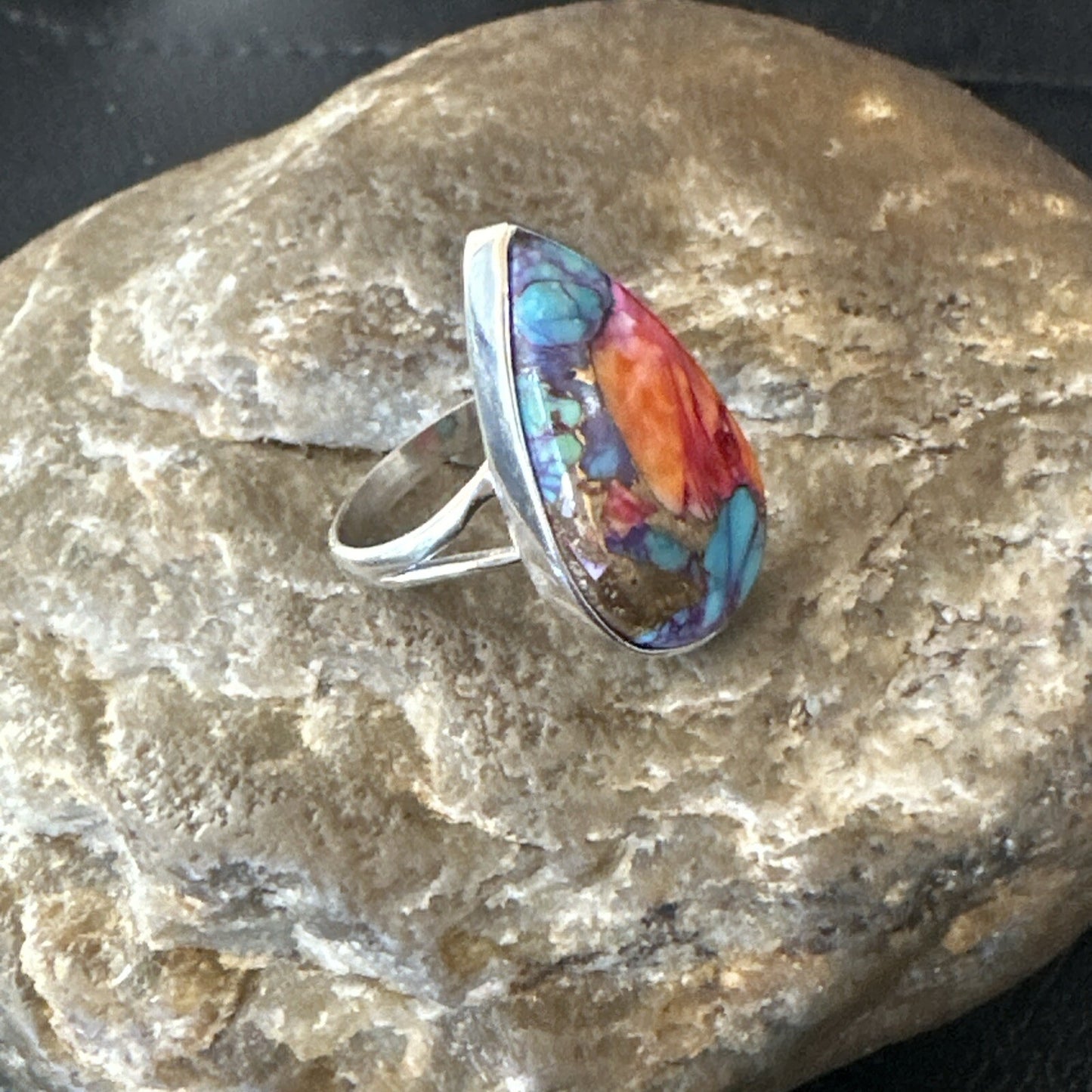 Blue Turquoise Spiny Oyster Southwestern Sterling Silver Ring Size 7 18420