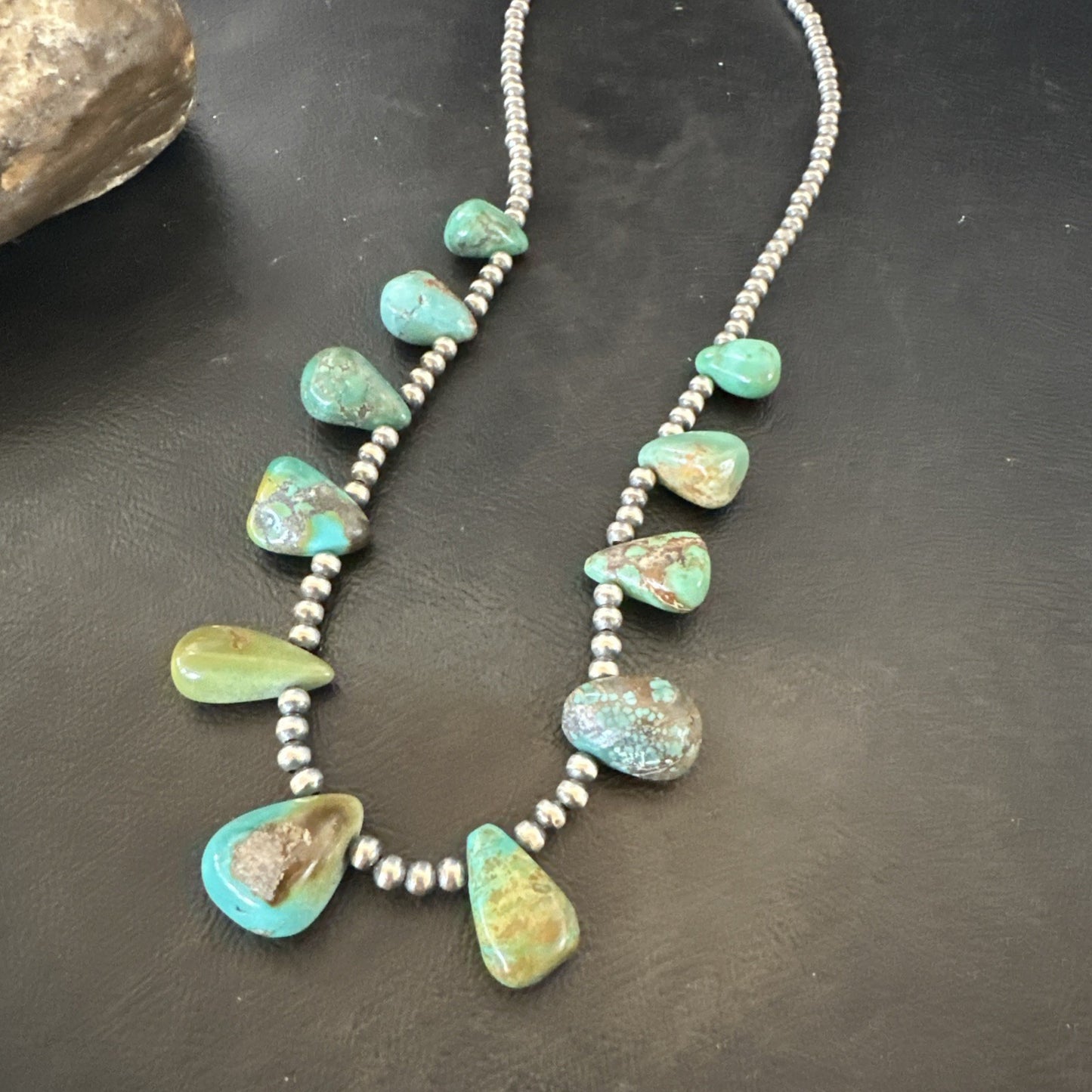 Navajo Pearls Silver Green Teardrop Turquoise Necklace 19015
